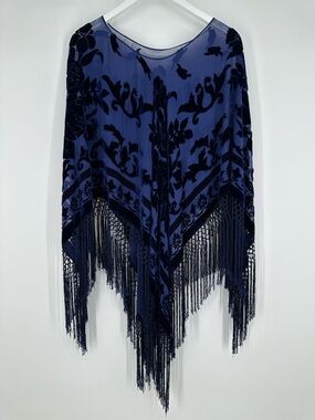Western Fashion Velvet Burnout Silk Fringe Poncho Floral